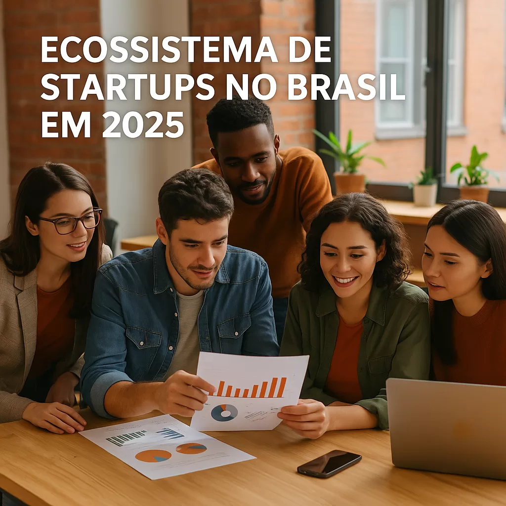 Jovens empreendedores brasileiros analisando gráficos em coworking moderno, com detalhes em laranja