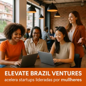 Mulheres empreendedoras em evento de aceleração de startups no Brasil, com detalhes em laranja