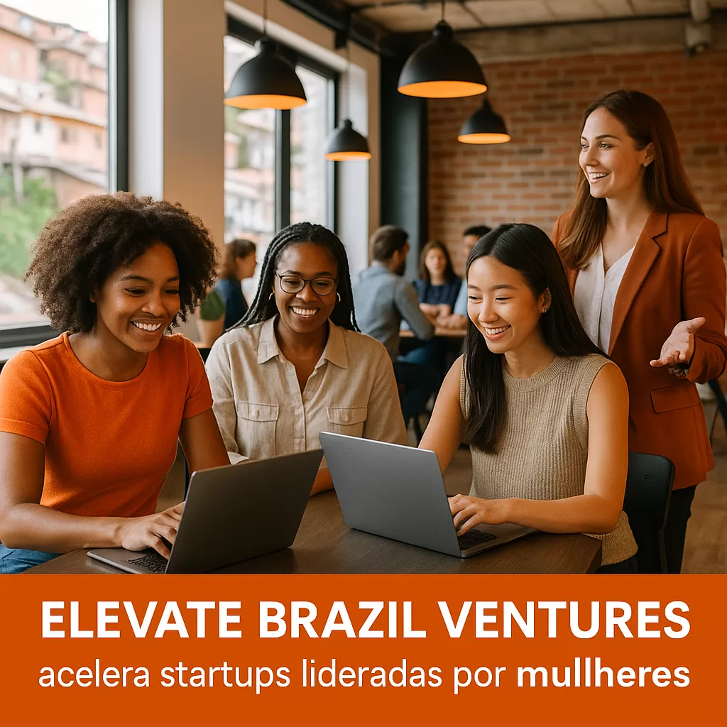 Mulheres empreendedoras em evento de aceleração de startups no Brasil, com detalhes em laranja