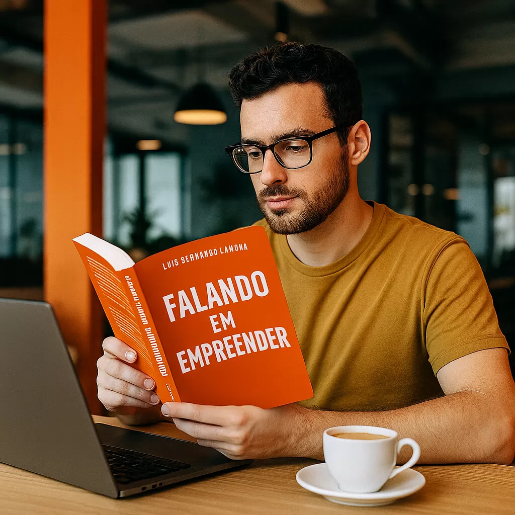 Homem jovem lendo o livro Falando em Empreender em um coworking moderno, com notebook e café sobre a mesa