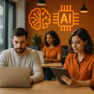 Empreendedores criativos em coworking brasileiro usando laptops e tablets com ícones de IA em destaque na parede laranja