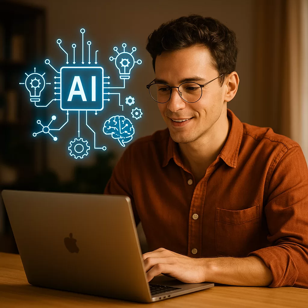 Jovem empreendedor usando notebook com ícones de IA ao fundo