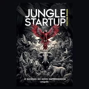Empreendedora segurando o livro Jungle Startup em um espaço de coworking, com detalhes em laranja