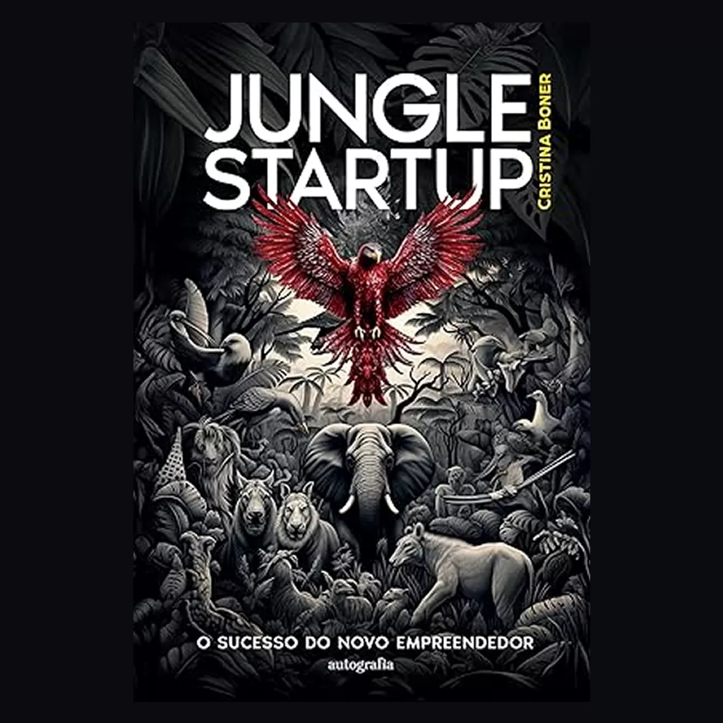 Empreendedora segurando o livro Jungle Startup em um espaço de coworking, com detalhes em laranja