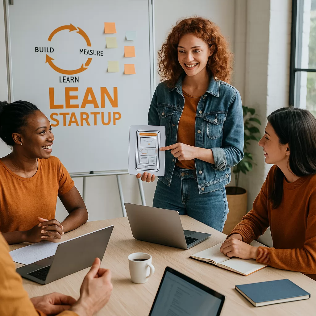 Empreendedores criativos participando de workshop de Lean Startup, com protótipos e quadro ilustrativo do ciclo “Build, Measure, Learn”