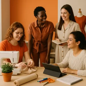 Grupo de mulheres empreendedoras em coworking brasileiro produzindo moda, artesanato e conteúdo digital, com detalhes em laranja