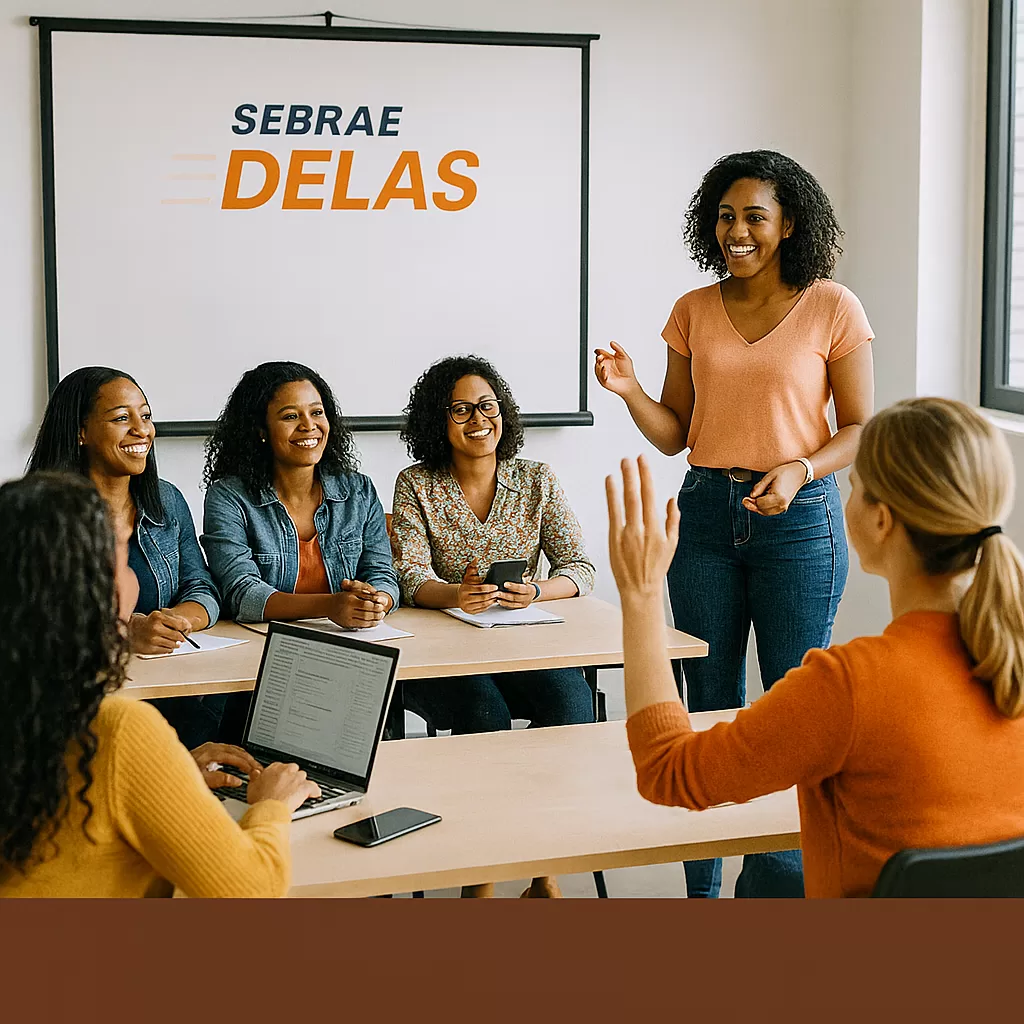 Mulheres empreendedoras participando da Jornada da Empreendedora do Sebrae Delas, com detalhes em laranja