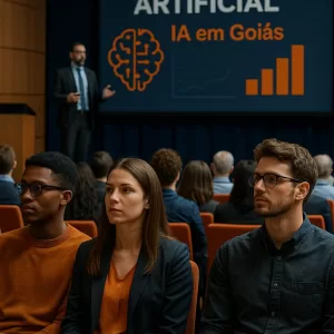 Empreendedores assistem a palestra sobre Inteligência Artificial em Goiás, com apresentação destacando a nova lei estadual