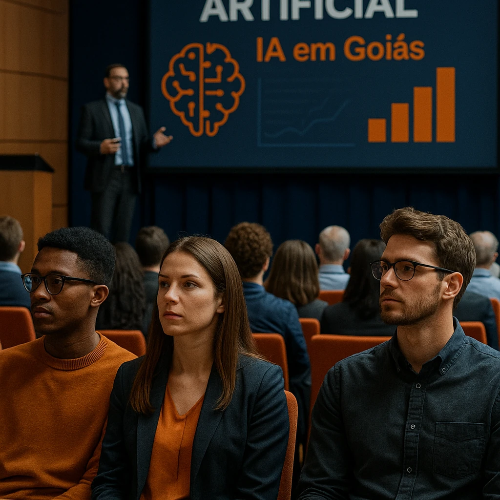 Empreendedores assistem a palestra sobre Inteligência Artificial em Goiás, com apresentação destacando a nova lei estadual
