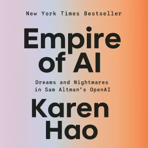 Capa fictícia estilizada do livro Empire of AI com elementos de inteligência artificial em laranja