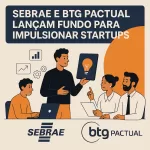 Ilustração de empreendedores apresentando ideias a investidores, com elemento laranja em destaque
