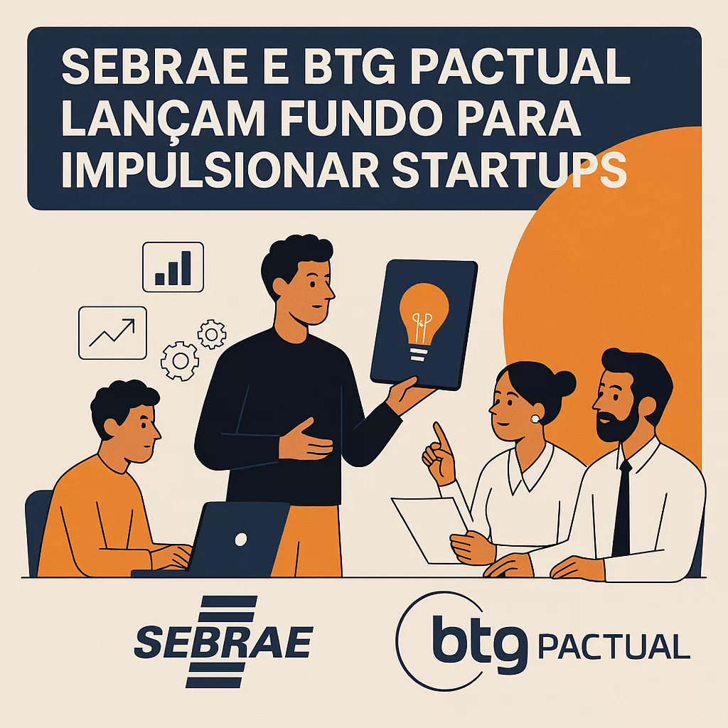 Ilustração de empreendedores apresentando ideias a investidores, com elemento laranja em destaque