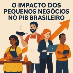 Ilustração de pequenos empreendedores brasileiros representando força econômica, com elemento laranja