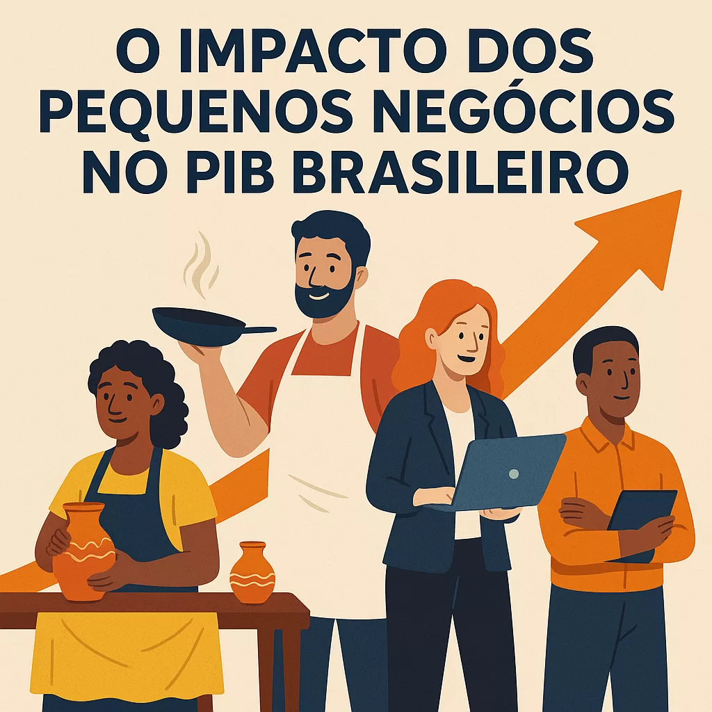 Ilustração de pequenos empreendedores brasileiros representando força econômica, com elemento laranja