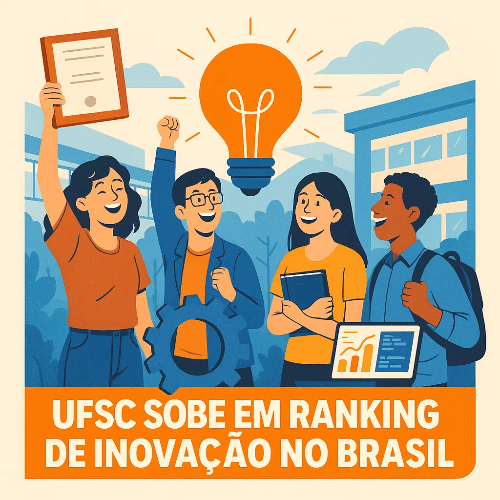 Estudantes e pesquisadores da UFSC celebrando avanços em inovação, com destaque para patentes e softwares.
