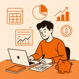 Ilustração de um empreendedor criativo organizando suas finanças em planilha digital