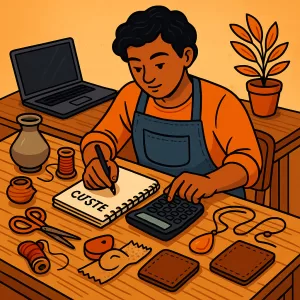 Empreendedor criativo calculando custos e precificação em um caderno com elementos de artesanato e tecnologia.