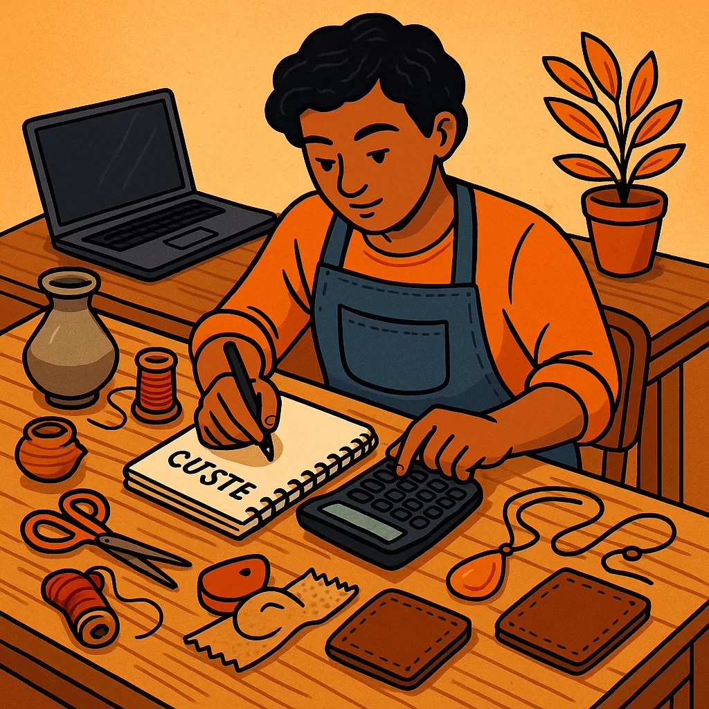 Empreendedor criativo calculando custos e precificação em um caderno com elementos de artesanato e tecnologia.