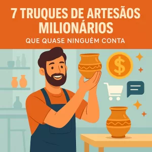 Artesão criativo segurando peça artesanal de alto valor, com ícones de dinheiro e vendas em destaque.