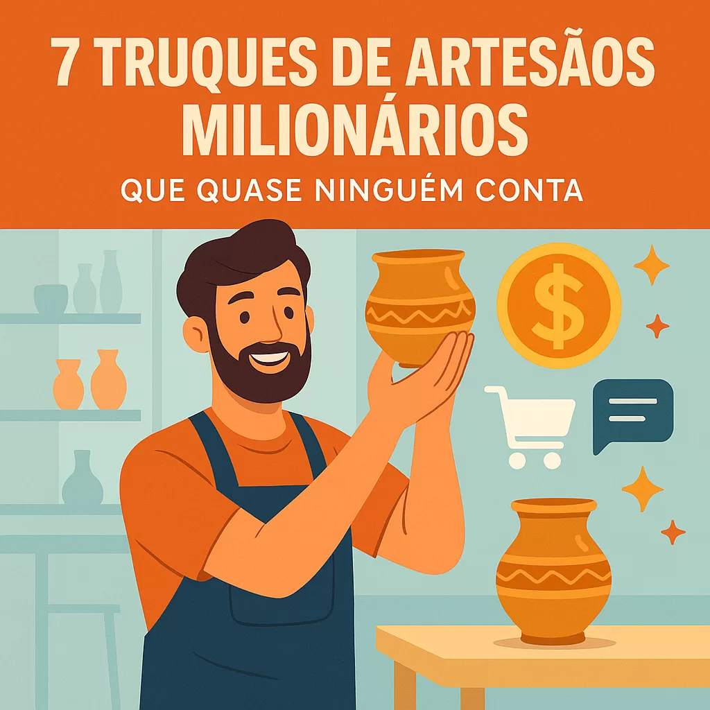 Artesão criativo segurando peça artesanal de alto valor, com ícones de dinheiro e vendas em destaque.