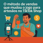 Artesão criativo vendendo online pelo TikTok Shop, mostrando peça artesanal em live com ícones de compra e vendas.