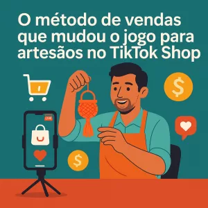 Artesão criativo vendendo online pelo TikTok Shop, mostrando peça artesanal em live com ícones de compra e vendas.