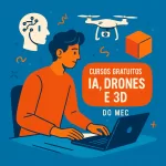 Empreendedor criativo usando laptop com ícones de IA, drone e cubo 3D ao redor, em estilo moderno e vibrante com destaque em laranja.
