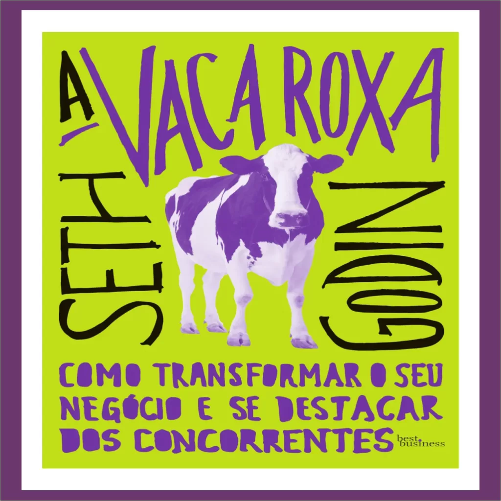 Vaca roxa se destacando em meio a um rebanho de vacas comuns, simbolizando a inovação e diferenciação para empreendedores solo que buscam se destacar no mercado criativo e digital, conforme o conceito do livro 'A Vaca Roxa' de Seth Godin.