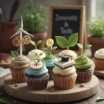 Deliciosos cupcakes decorados com temas criativos e sustentáveis, representando empreendedorismo e inovação na culinária.