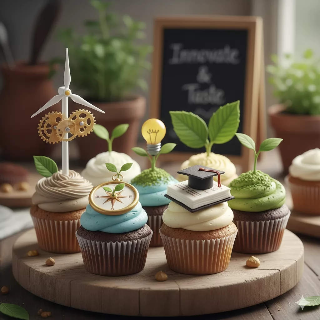 Deliciosos cupcakes decorados com temas criativos e sustentáveis, representando empreendedorismo e inovação na culinária.