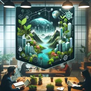 Empreendedores discutindo estratégias de negócios sustentáveis com foco em inovação verde.