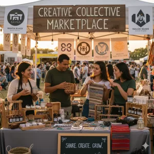 Artesãos colaborando em um estande vibrante, trocando ideias e produtos, simbolizando o marketing colaborativo e a amplificação de suas marcas na economia compartilhada.