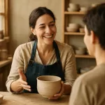 Mulher artesã sorrindo enquanto conta a história por trás de sua peça de cerâmica feita à mão para um cliente, ilustrando como o storytelling eleva a venda de produtos artesanais a experiências inesquecíveis e memoráveis.