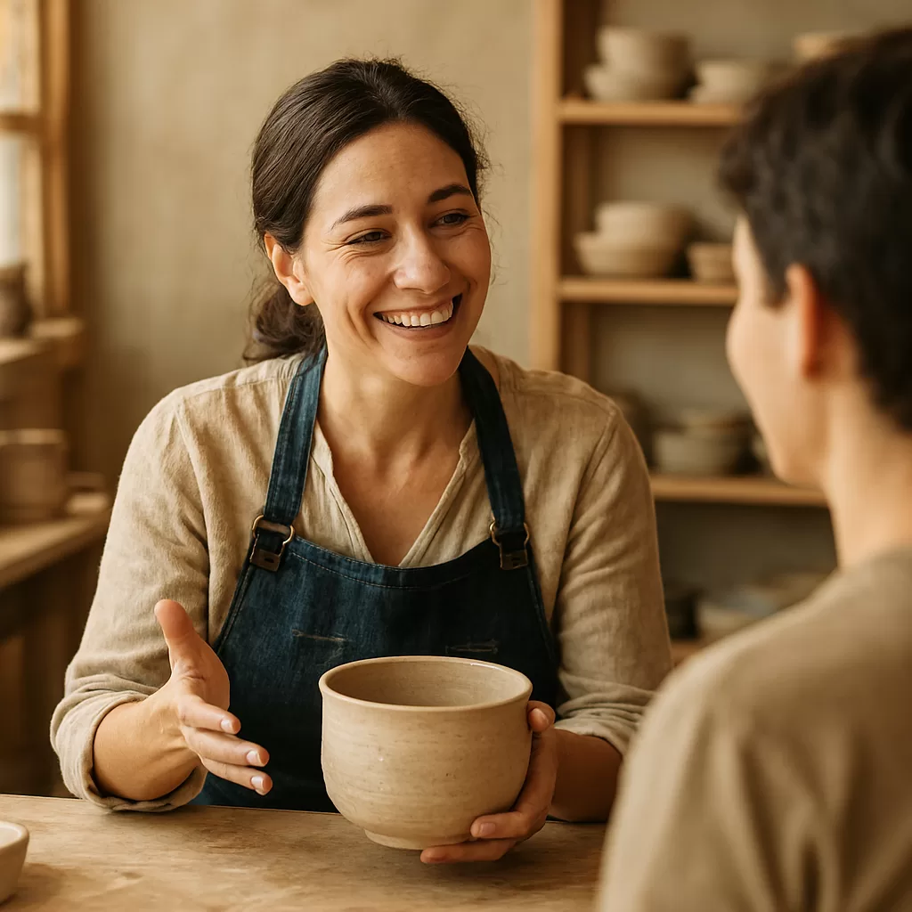 Mulher artesã sorrindo enquanto conta a história por trás de sua peça de cerâmica feita à mão para um cliente, ilustrando como o storytelling eleva a venda de produtos artesanais a experiências inesquecíveis e memoráveis.