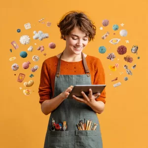 Artesã feliz exibindo suas criações artesanais enquanto interage com ferramentas de marketing digital em um tablet, simbolizando a transformação da paixão em lucro no mundo online.