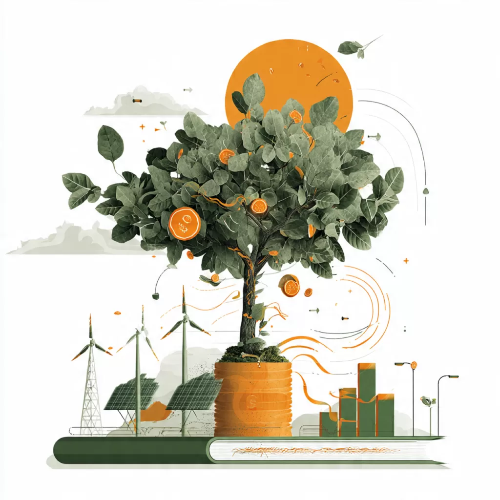 Ilustração vibrante de empreendedorismo verde com elementos de natureza, tecnologia e finanças, representando ideias de negócios criativos e sustentáveis.