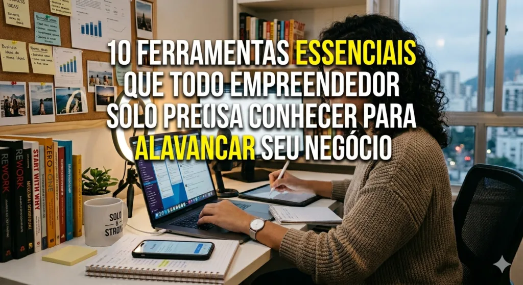 Esta imagem ilustra o poder das ferramentas certas para o empreendedor solo. Descubra as 10 soluções que vão alavancar seu negócio e otimizar sua jornada!