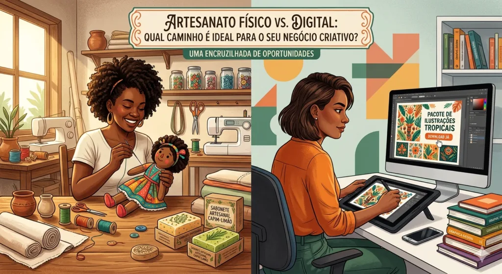 Descubra qual caminho é ideal para você, Artesanato Físico ou Digital. Este guia completo para Artesanato para iniciantes explora prós, contras e como começar seu negócio criativo.