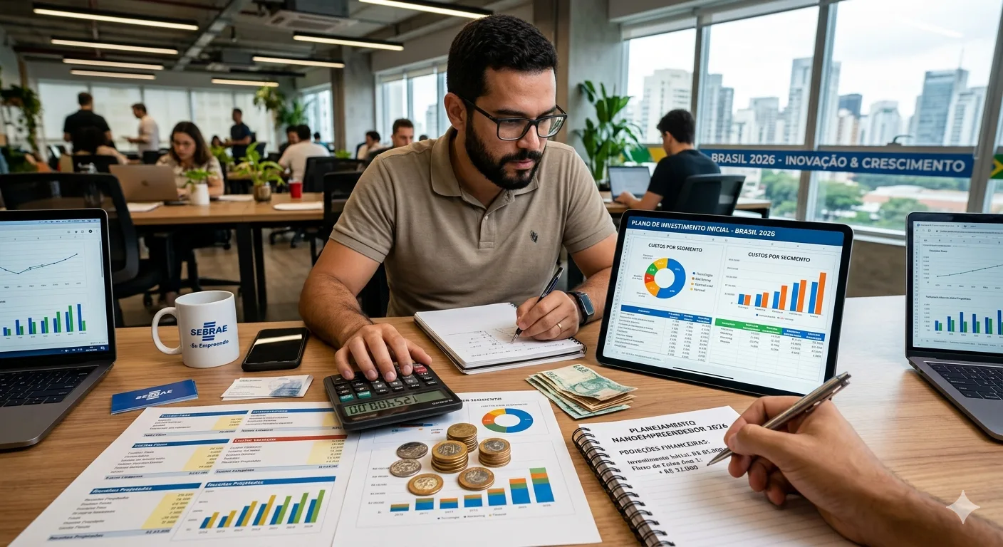 Prepare-se para 2026! Esta imagem ilustra o planejamento financeiro essencial para quem busca montar um negócio do zero no Brasil, com foco nas estimativas reais de custo para o nanoempreendedor.