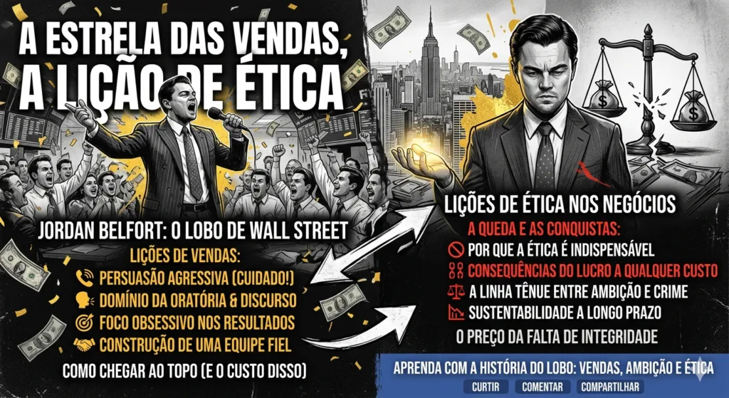 Jordan Belfort (Leonardo DiCaprio) em uma cena icônica, representando as táticas de vendas e os dilemas éticos explorados no filme "O Lobo de Wall Street".