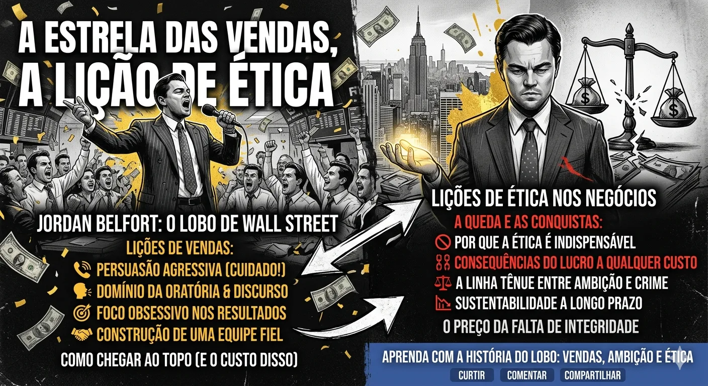Jordan Belfort (Leonardo DiCaprio) em uma cena icônica, representando as táticas de vendas e os dilemas éticos explorados no filme "O Lobo de Wall Street".