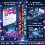 Imagem conceitual mostrando o processo passo a passo para criar uma página profissional no Facebook para negócios em 2026, com elementos visuais de redes sociais e marketing digital, enfatizando otimização e estratégia.