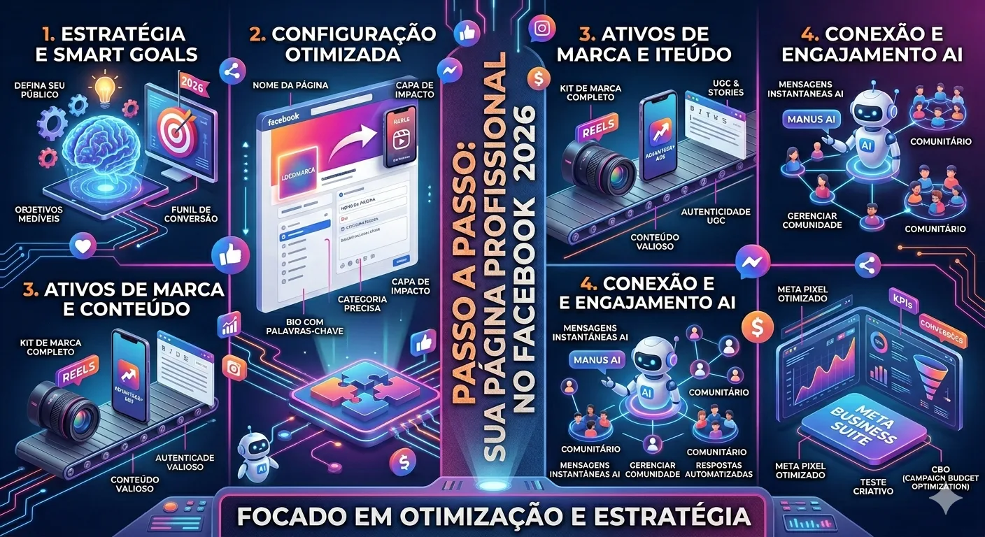 Imagem conceitual mostrando o processo passo a passo para criar uma página profissional no Facebook para negócios em 2026, com elementos visuais de redes sociais e marketing digital, enfatizando otimização e estratégia.