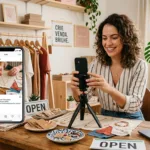 Jovem empreendedora sorrindo enquanto configura sua loja virtual no Instagram usando um smartphone, simbolizando o início de um negócio online sem custos.