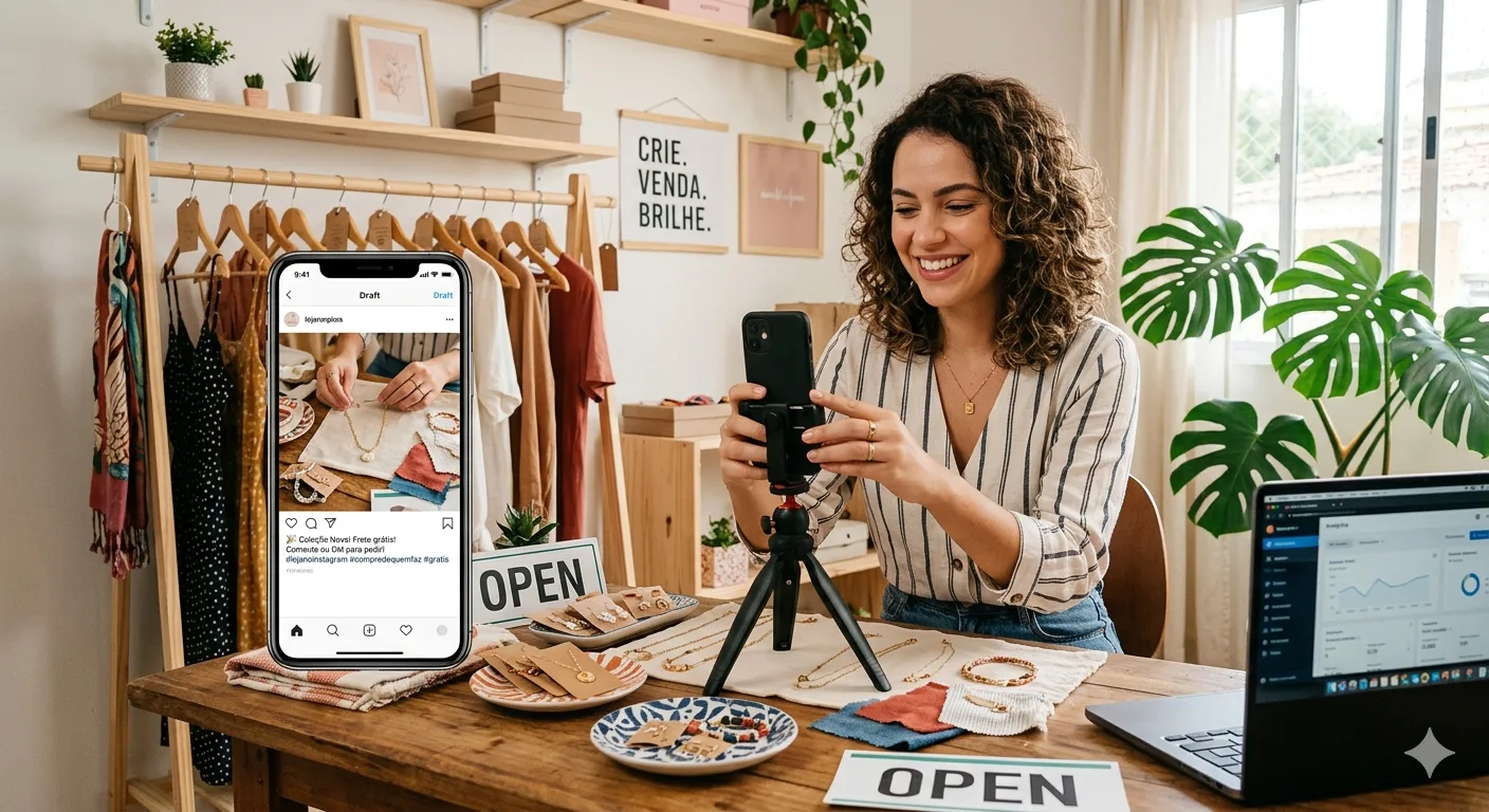 Jovem empreendedora sorrindo enquanto configura sua loja virtual no Instagram usando um smartphone, simbolizando o início de um negócio online sem custos.