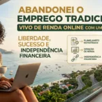 Mulher sorridente trabalhando em seu laptop com vista para um cenário inspirador, simbolizando a liberdade e sucesso de viver de renda online após deixar o emprego tradicional. Representa a independência financeira alcançada com um plano real.