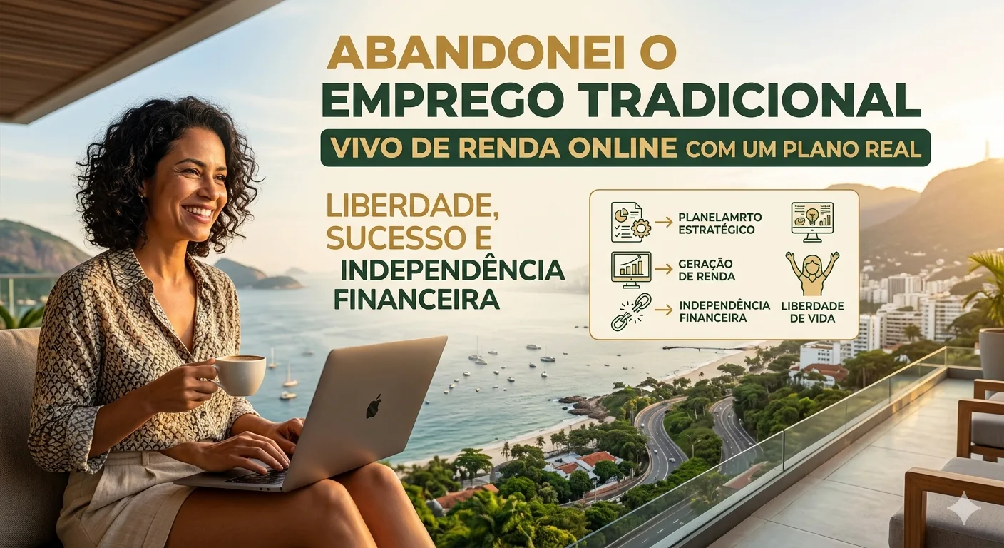 Mulher sorridente trabalhando em seu laptop com vista para um cenário inspirador, simbolizando a liberdade e sucesso de viver de renda online após deixar o emprego tradicional. Representa a independência financeira alcançada com um plano real.