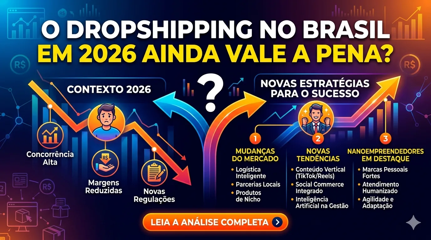 Representação visual do futuro do dropshipping no Brasil em 2026, com elementos de tecnologia, e-commerce e logística, simbolizando um mercado em evolução e as oportunidades para empreendedores digitais brasileiros.