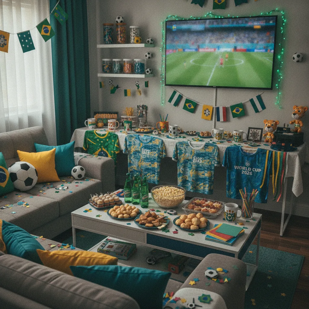 Imagem de uma casa decorada com itens típicos para faturar em casa durante a Copa do Mundo 2026.